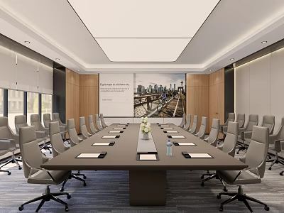 Spacious Conference Room With Long Meeting Table Gray Rolling Chairs And Projection Screen 3d model