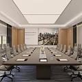 Spacious Conference Room With Long Meeting Table Gray Rolling Chairs And Projection Screen