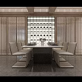 Modern Elegant Dining Room With Dining Table Set Wooden Lattice Panels And Wine Rack Background