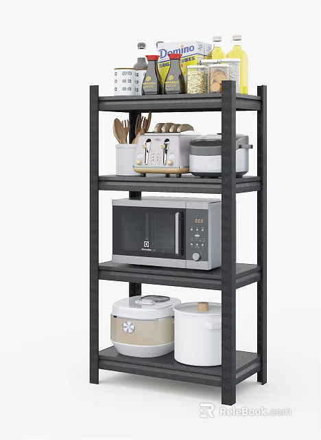 Multi Tiered Kitchen Storage Shelf With Microwave Rice Cooker And Containers 3d model