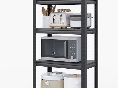 Multi Tiered Kitchen Storage Shelf With Microwave Rice Cooker And Containers 3d model