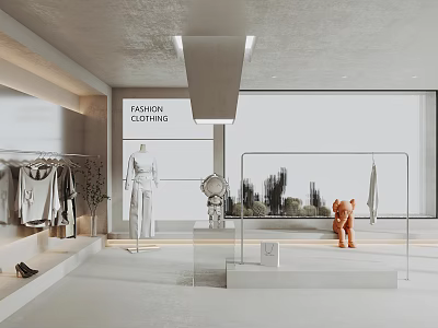 Fashion Clothing Store Interior With Hanging Clothes Mannequin And Display Stand 3d model