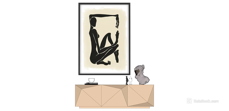 Minimalist Abstract Painting With Black Human Silhouette On Beige Background And Decorative Objects 3d model 