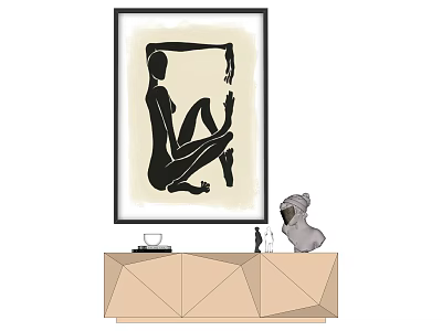 Minimalist Abstract Painting With Black Human Silhouette On Beige Background And Decorative Objects 3d model