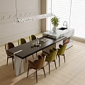 Modern Dining Table Set With Green Brown Chairs And Marble Top In Elegant Interior