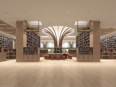 Artistic Book Art Library Interior Design With Rows Of Wooden Bookshelves And Arched Ceiling 3d model