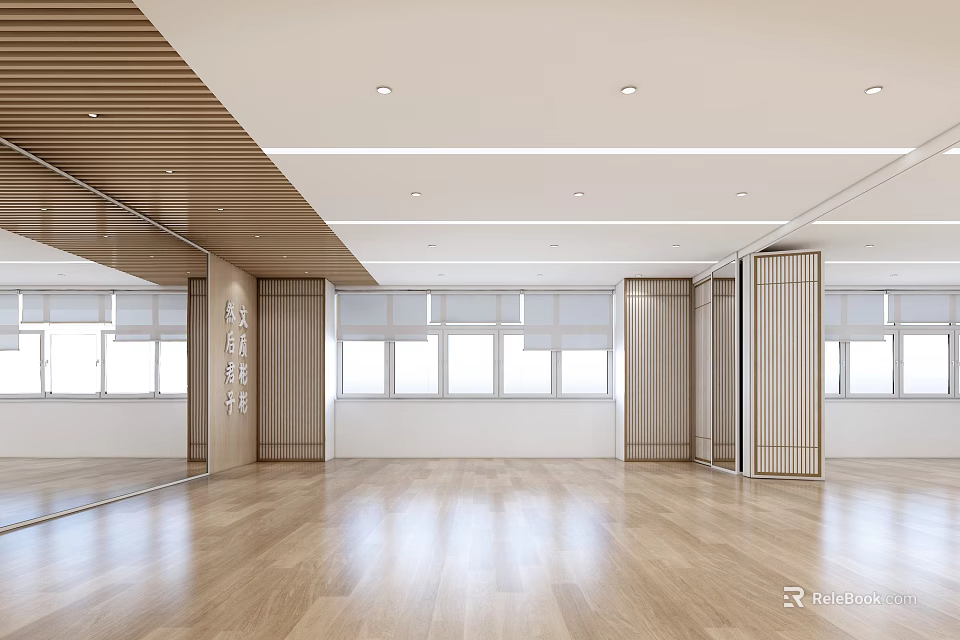 Spacious Gym Fitness Training Area With Wooden Floor Large Windows And Mirrors 3d model 