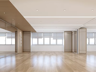 Spacious Gym Fitness Training Area With Wooden Floor Large Windows And Mirrors 3d model