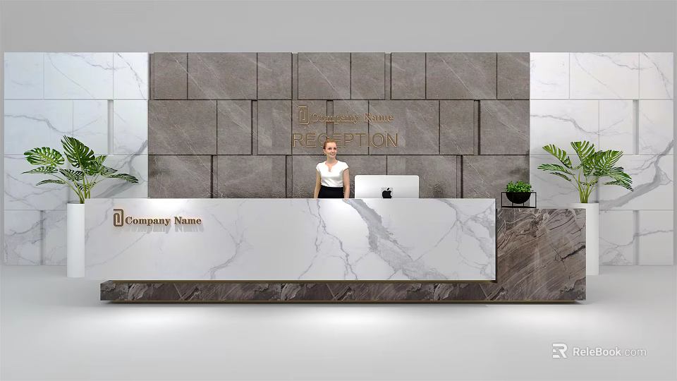 Modern Reception Desk with Marble Countertop Stone Wall Company Name and Green Plants 3d model 