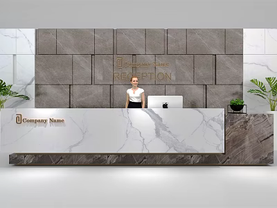 Modern Reception Desk with Marble Countertop Stone Wall Company Name and Green Plants 3d model