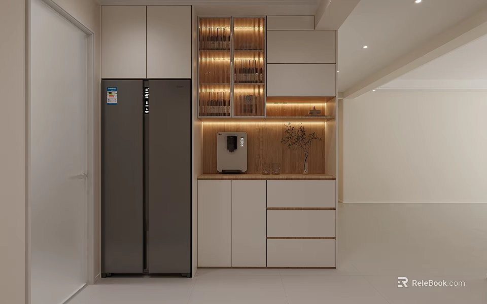 Modern Kitchen Sideboard with Glass Door Storage LED Lighting Coffee Machine and Drawers 3d model 