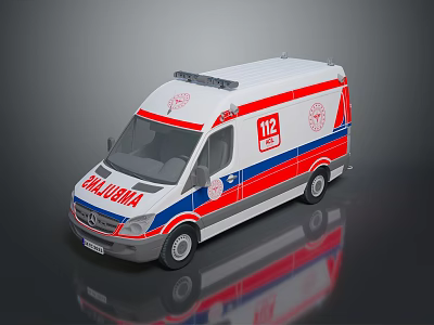 White Red Blue Striped Ambulance With 112 Emergency Sign California Medical Vehicle 3d model