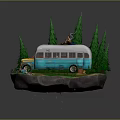 Vintage Blue And White Bus With Person On Roof Among Pine Trees And Camping Setup