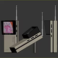 Three Electronic Devices With Antennas Display Screens And Different Images On White Base