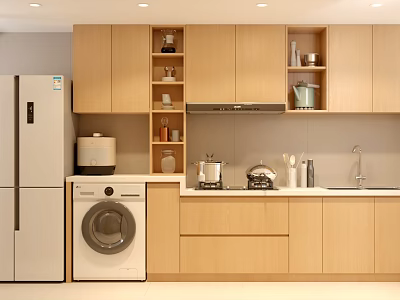 Modern Apartment Kitchen with Light Wood Cabinets Refrigerator Washing Machine and Sink 3d model