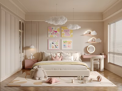 Cozy Kids Room Interior Design With Cloud Pendant Lights Cartoon Paintings And Stuffed Toys 3d model