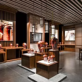 Chinese Style Boutique Store Interior With Wooden Ceiling And Artwork Display Shelves