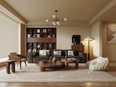 Home Living Room Sofa Coffee Table Combination Leather Sofa Solid Wood Coffee Table Leisure Sofa Chair Open Bookcase Decorative Cabinet Floor Lamp Chandelier 3d model