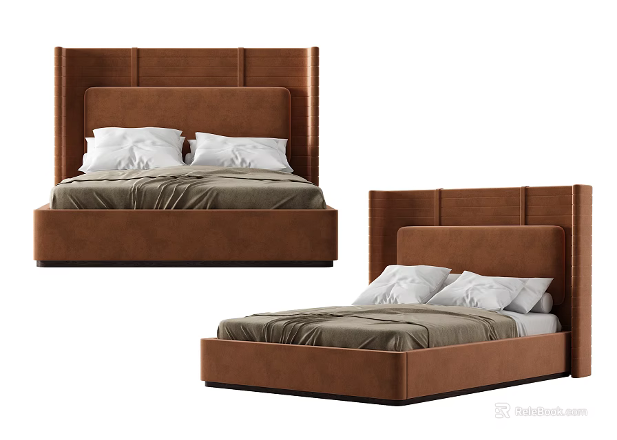 Modern Brown Double Bed With Upholstered Headboard White Pillows And Gray Sheets 3d model
