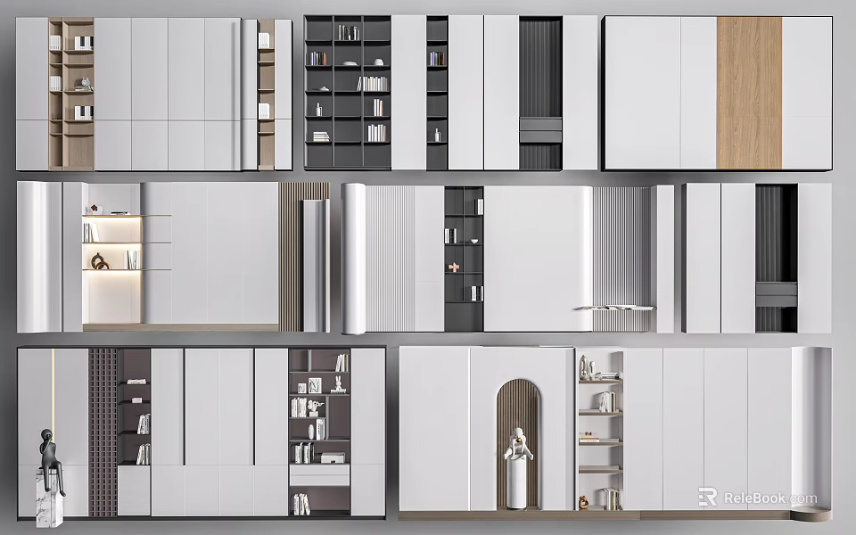 Modern Bookcase Designs With Open Closed Storage White Wooden Finishes And Sleek Shelves 3d model 