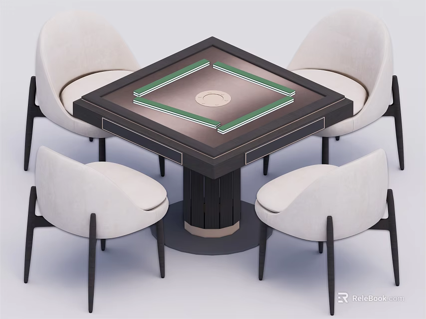 Modern Square Table and Chair Set with Green Border Top White Upholstered Seats Black Legs 3d model 