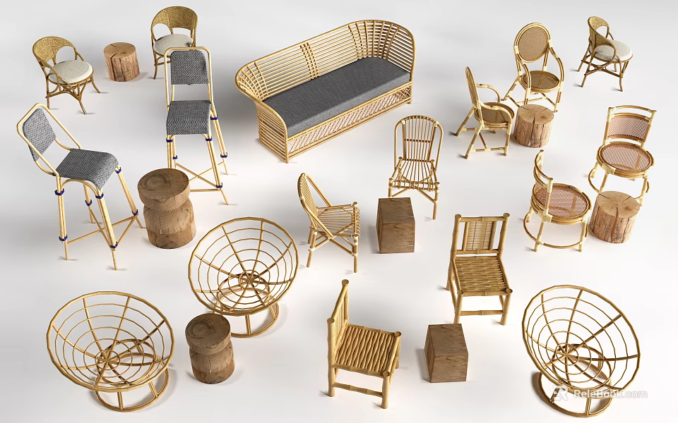 Stylish Wicker And Wooden Leisure Chairs With Various Designs And Side Tables 3d model 