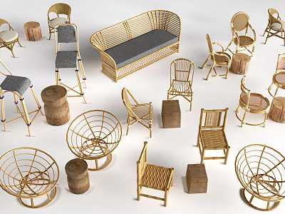 Stylish Wicker And Wooden Leisure Chairs With Various Designs And Side Tables 3d model