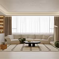 Modern Living and Dining Room Interior With Green Sofa TV Wall Coffee Table Patterned Carpet