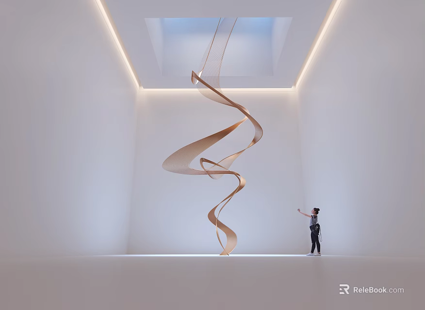 Spiral Wooden Art Installation in Bright White Room With Skylight and Person Standing Beside 3d model 