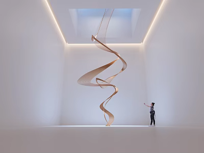 Spiral Wooden Art Installation in Bright White Room With Skylight and Person Standing Beside 3d model