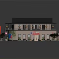 Two Story Hotel Building Featuring Black Roof Arched Windows Front Signboard Flags And Plants