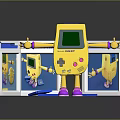Yellow Handheld Game Console With Green Screen Blue Cards Pink Feet And Surrounding Boxes