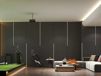 Modern Entertainment Room With Golf Practice Area Gray Walls Sofa And Coffee Table 3d model