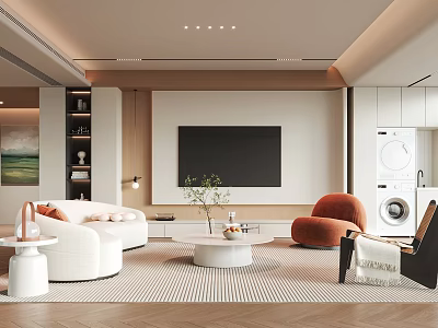 Modern Living Room Interior With White Sofa Orange Armchair Round Coffee Table And Built-in TV 3d model