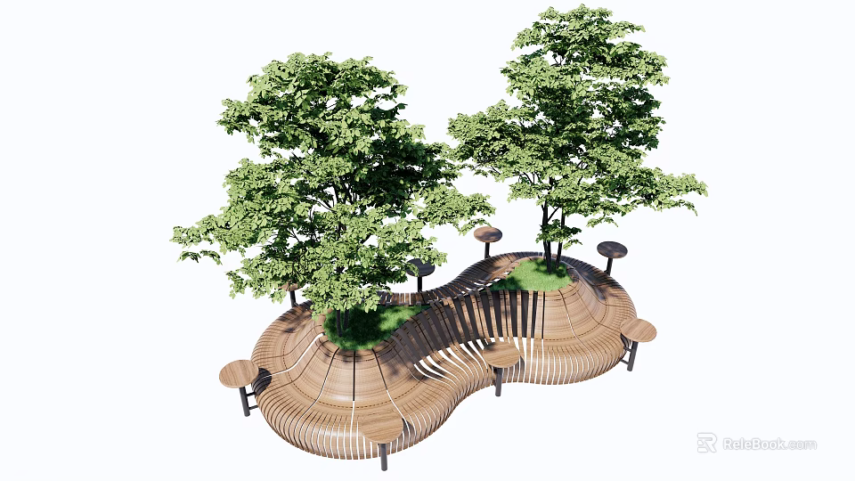 Wooden Outdoor Chairs With Curved Design Surrounded By Trees In Garden 3d model 