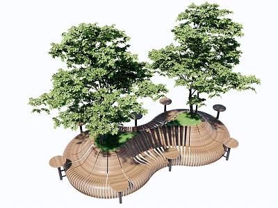 Wooden Outdoor Chairs With Curved Design Surrounded By Trees In Garden 3d model