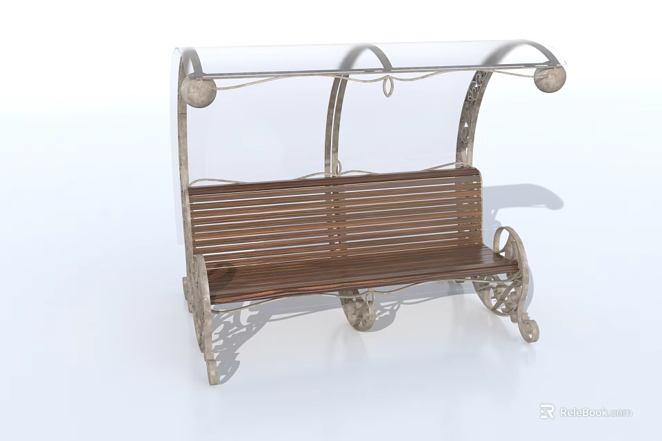 Stylish Public Bench With Wooden Seat Ornamental Metal Frame Transparent Canopy and Wheel Base 3d model 