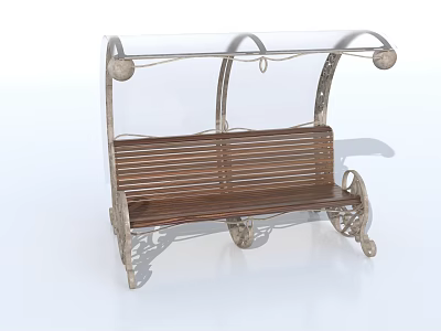 Stylish Public Bench With Wooden Seat Ornamental Metal Frame Transparent Canopy and Wheel Base 3d model