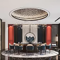 Elegant Private Dining Room With Round Table Blue Chairs Chandelier Circular Ceiling And Landscape Painting