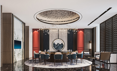 New Chinese-style private room hotel catering large box catering private room wine cabinet art chandelier round table and chair 3d model