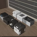 Office Appliances Various Printer Models On Wooden Desktop In Bright Office