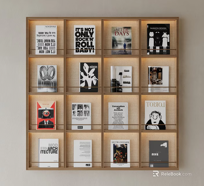 Stylish Wooden Bookshelf with Layered Compartments and Black White Red Book Covers 3d model 