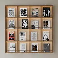Stylish Wooden Bookshelf with Layered Compartments and Black White Red Book Covers