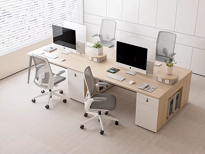 Modern Light Wood Office Desk With Dual Monitors Ergonomic Chairs And Green Plants 3d model