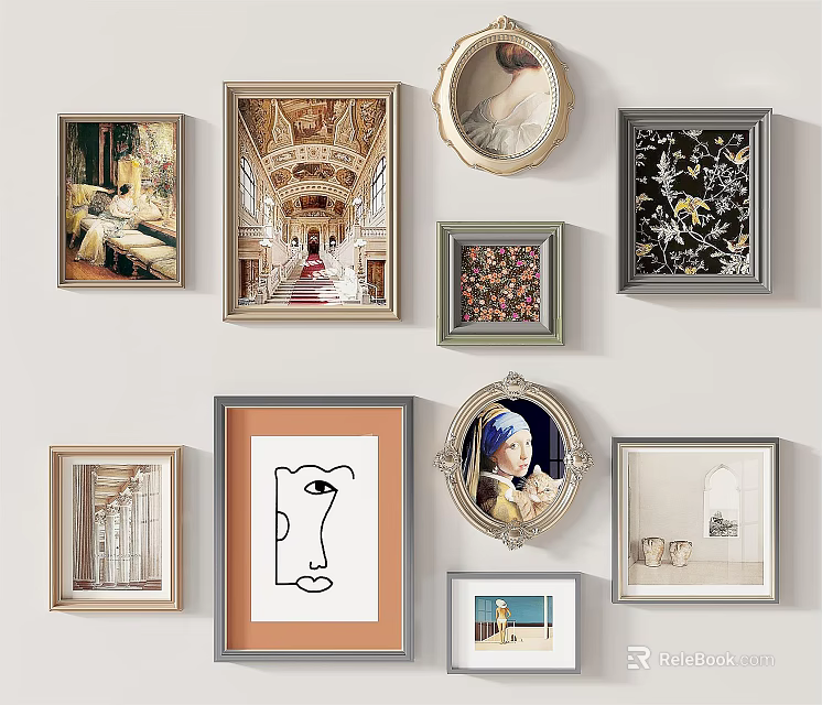 Decorative Wall With Various Framed Artworks And Paintings In Different Styles 3d model 