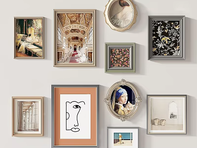 Decorative Wall With Various Framed Artworks And Paintings In Different Styles 3d model