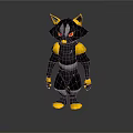 Cartoon Style 3D Animal Character Model With Black Yellow Body Red Eyes Standing Reflective Base