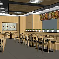 Modern Restaurant Interior with Wooden Ceiling Walls Tables Chairs Round Lights and Green Plants