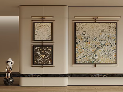 Modern Interior Wall Decor With Three Artworks Small Sculpture And Dark Countertop 3d model