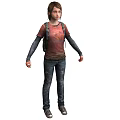 A Woman Wearing Red T-shirt Blue Jeans and Backpack with Long Sleeves and Shoes